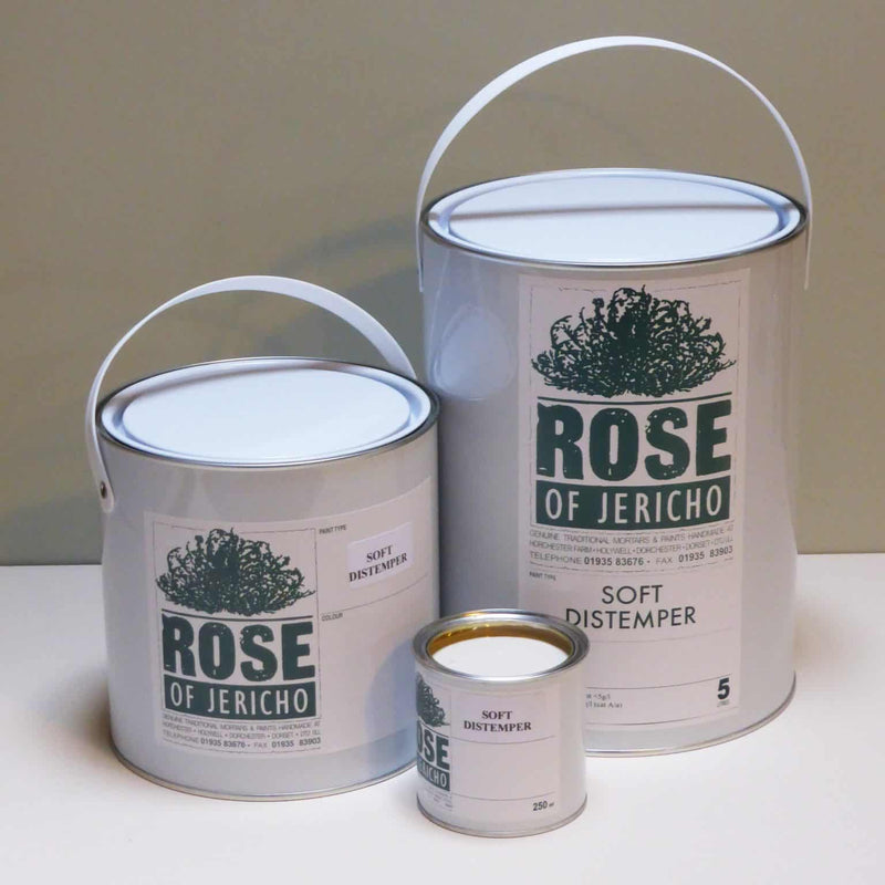 Soft Distemper paint containers showing traditional breathable paint for historic interiors