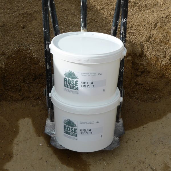 Two pots of 28kg superfine lime putty, a traditional building material from Rose of Jericho