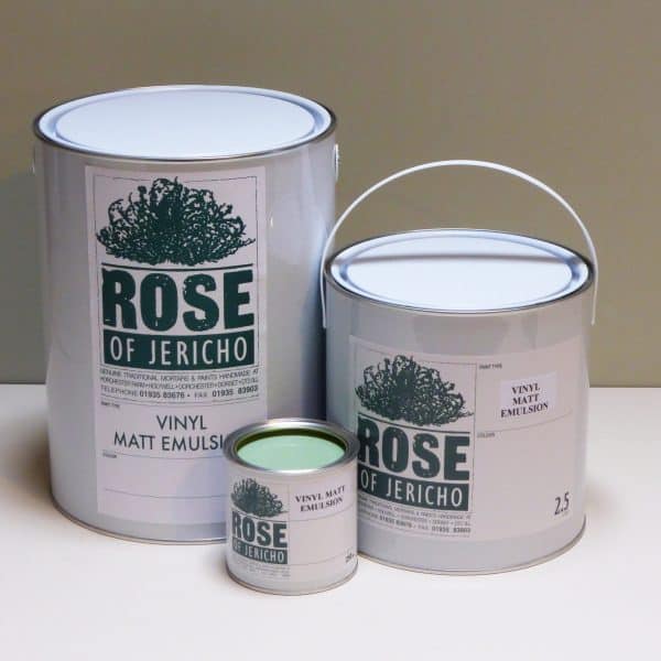Three vinyl matt emulsion paint tins, available at Rose of Jericho